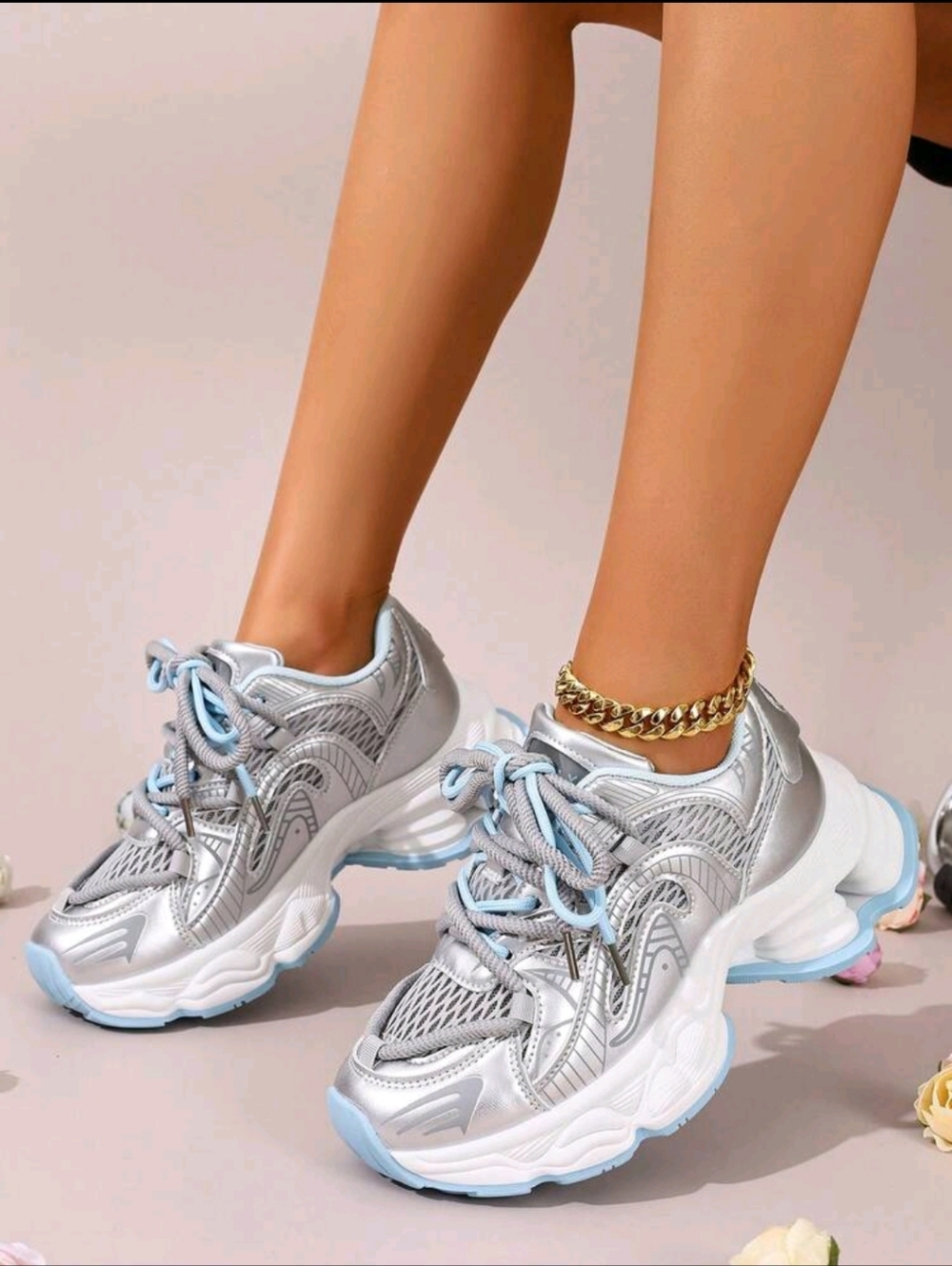 Women’s Chunky Metallic Silver Sneakers - Comfortable Athletic Style